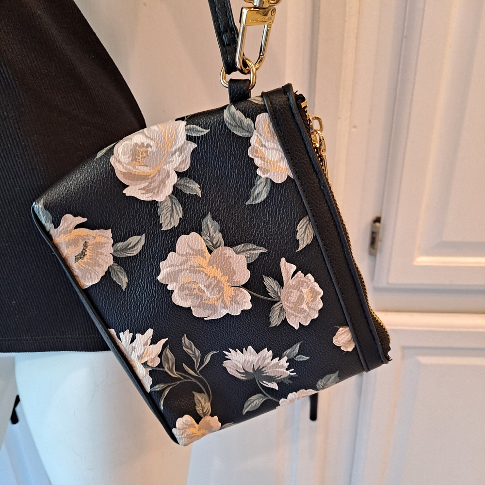 Anne Klein Black Floral Wristlet with Gold Hardware